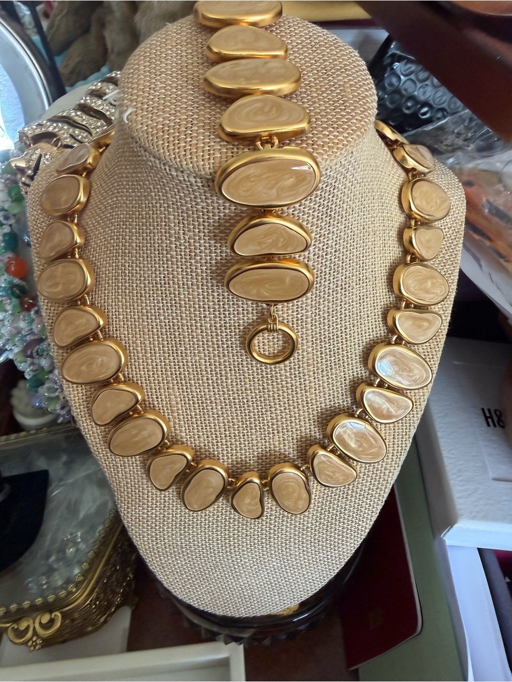 Gold-Tone Beige Resin Cabochon Necklace and Bracelet Set